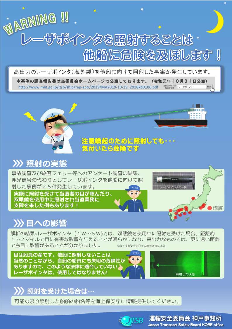 レーザポインタを照射することは他船に危険を及ぼします！